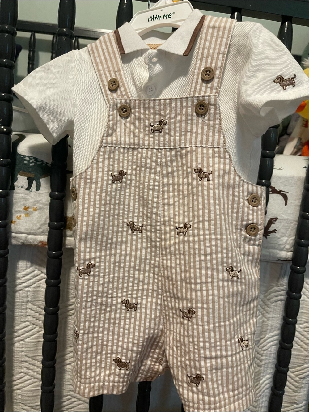 Little Me Tan & White Striped Puppy Embroidered Overalls